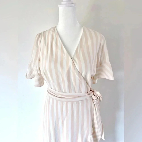 Rachel Parcell Linen Blend Wrap Dress Pink and White‎ Striped Ruffle Midi Small - Picture 3 of 13